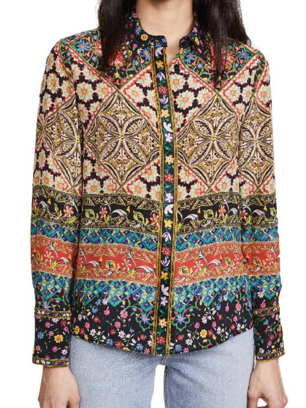 Alice + Olivia Willa Renzo Tile Print Silk Blouse Top Floral Stripe Bohemian S